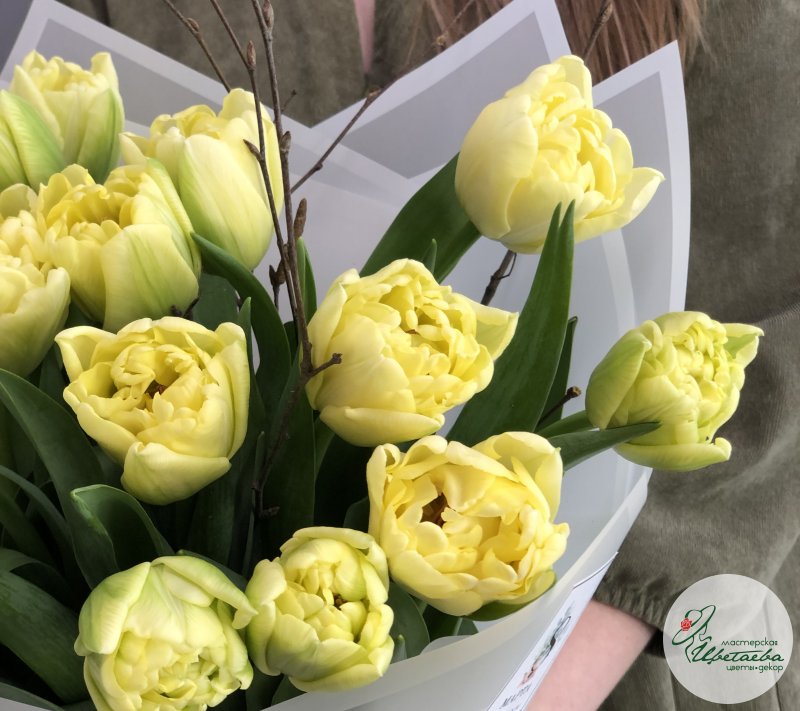 Букет из 15 желтых пионовидных тюльпанов